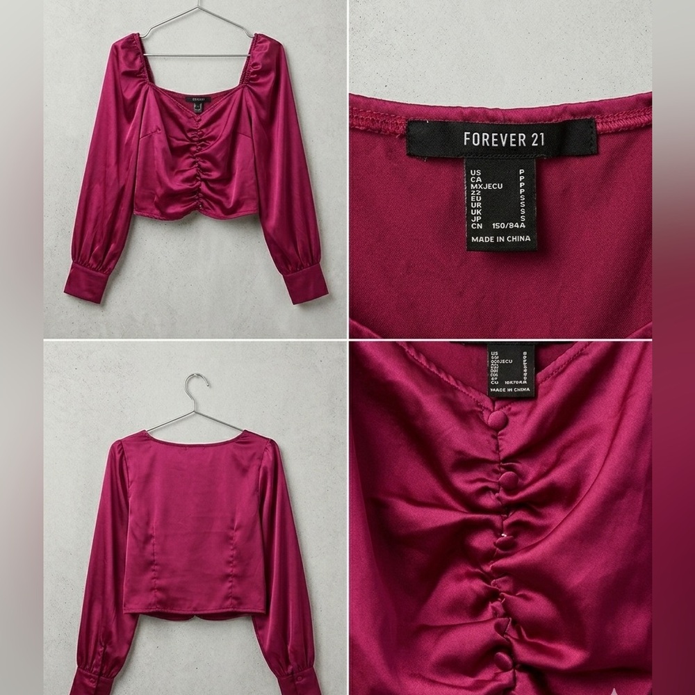 Forever 21 Magenta Satin Ruched Long-Sleeve Crop Top